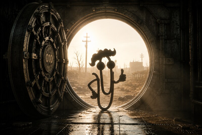 Clip-Boy emerging from a vault door at dawn